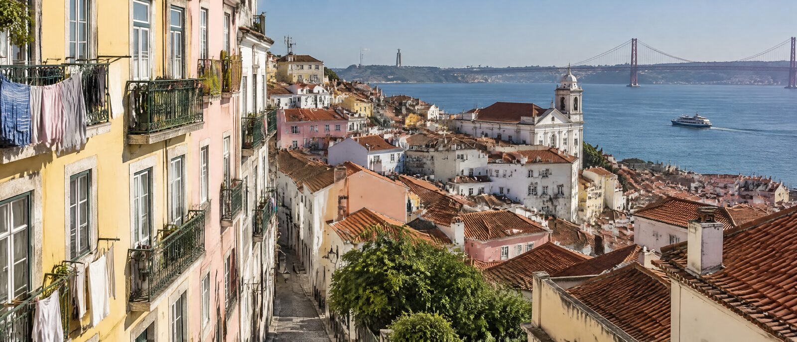 A Lisbon hillside of pastel buildings and terracotta roofs in clear morning light