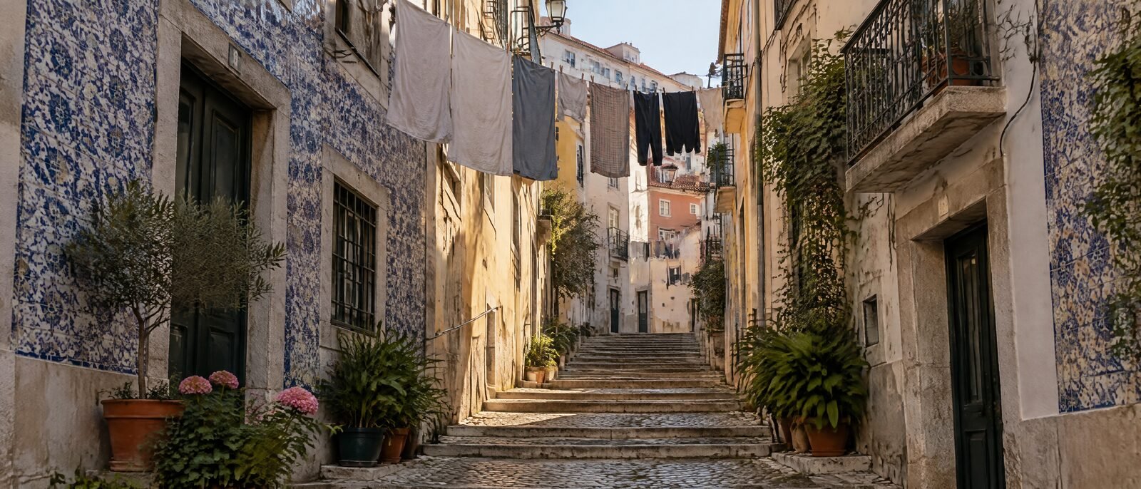 A narrow Alfama lane with washing lines overhead and tiled facades, late afternoon