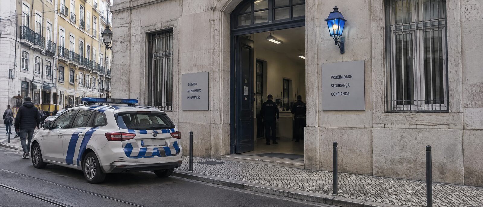 A PSP police station entrance in central Lisbon with the national crest
