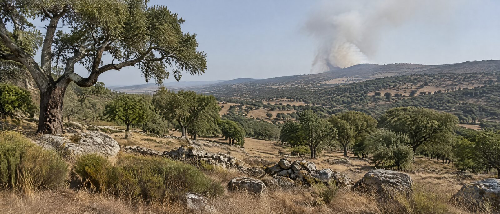 Dry hillside scrub in Portuguese summer heat with a distant smoke plume