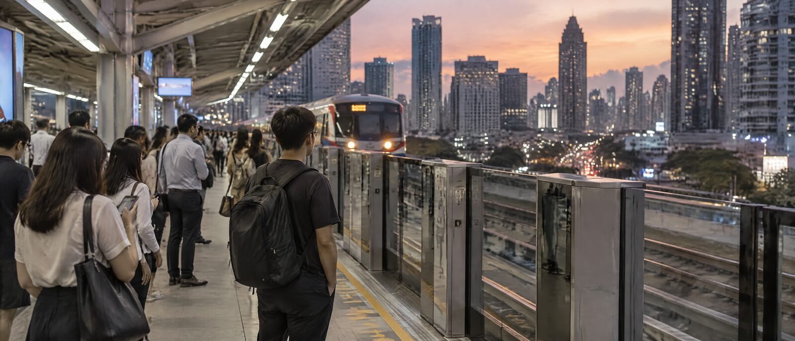 A busy Bangkok BTS skytrain platform at dusk, commuters and a few visible tourists with daypacks, city lights beyond the tracks