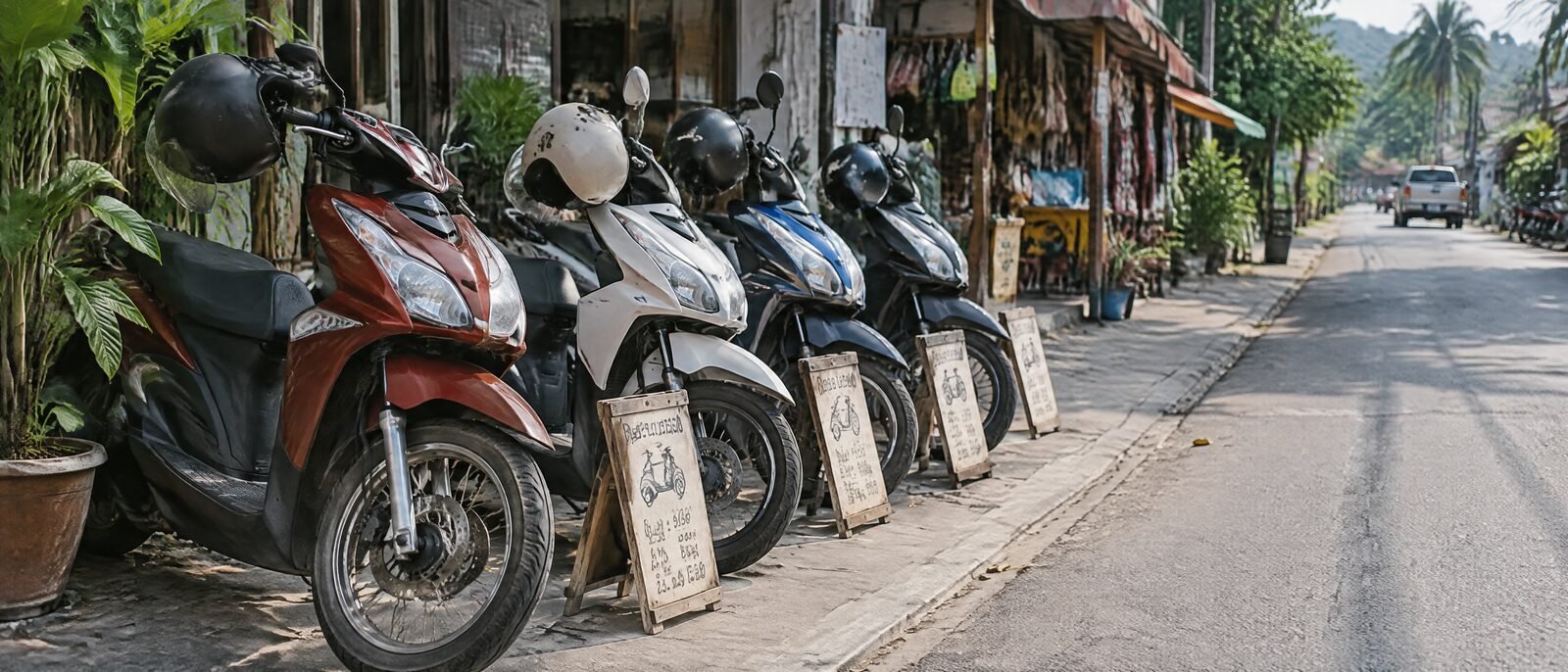 A row of rental scooters parked on a Thai side street, price signs and helmets hanging on the handlebars