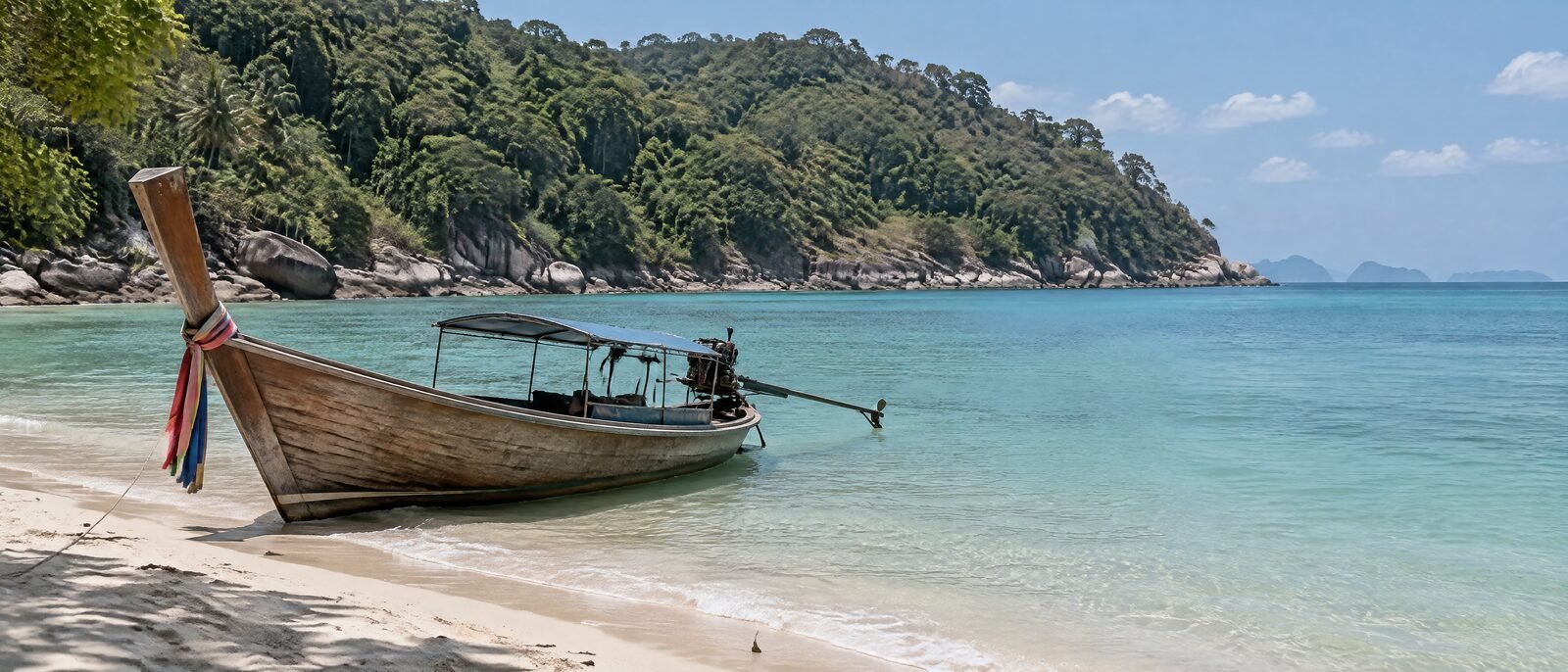 A long-tail boat pulled up on a white-sand beach in the Gulf of Thailand, calm water, midday light