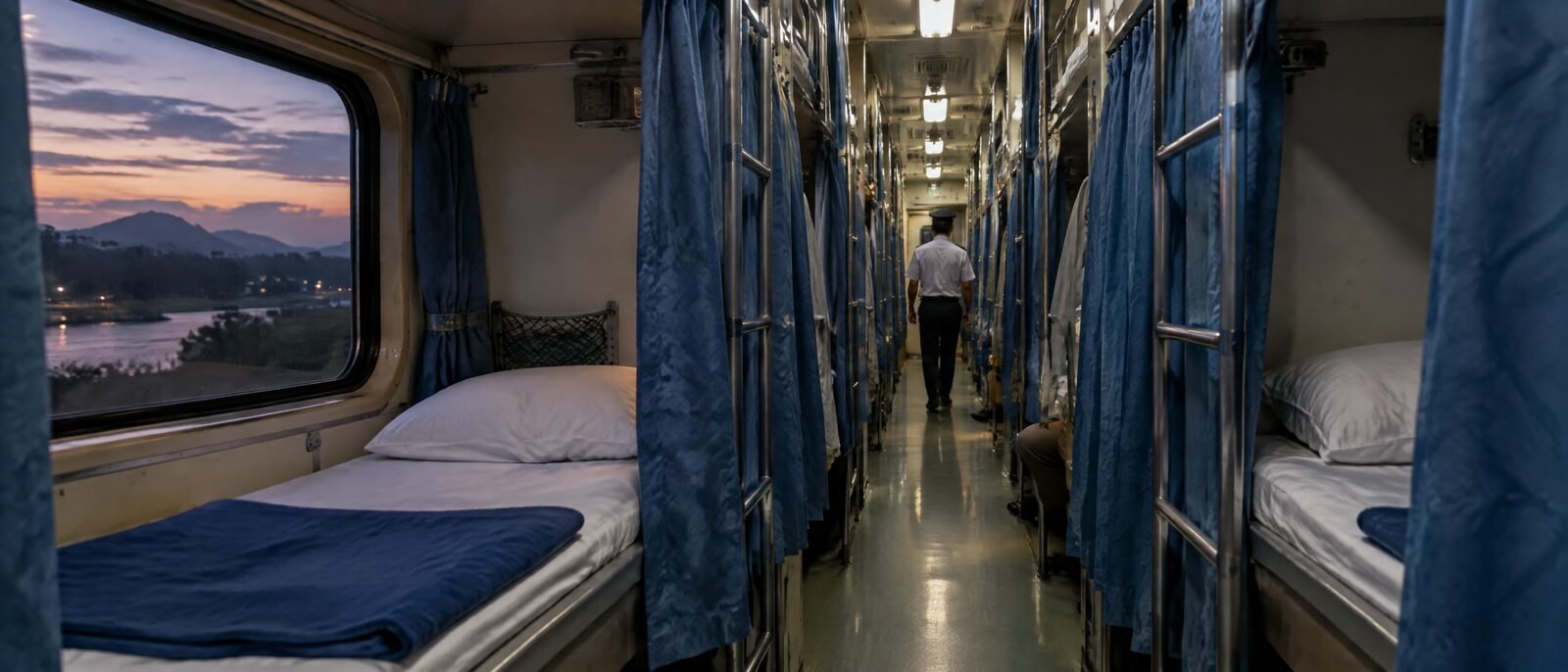 An overnight sleeper train interior in Thailand, made-up bunks, a conductor visible down the corridor