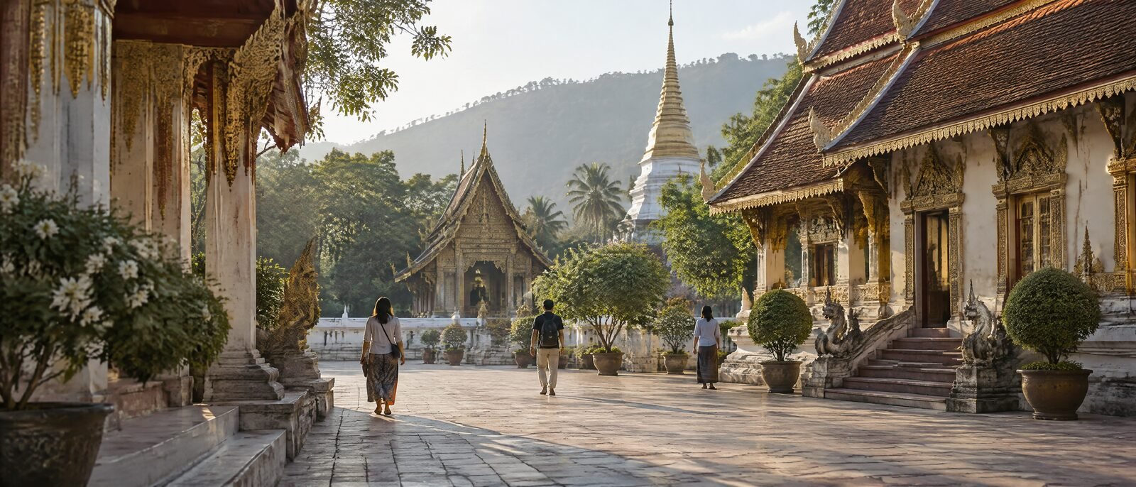 A quiet Bangkok temple courtyard in early morning light, a few visitors present, no crowds