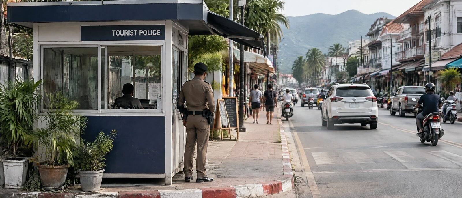 A Thailand Tourist Police booth with signage, officer visible, daylight, a tourist area street behind