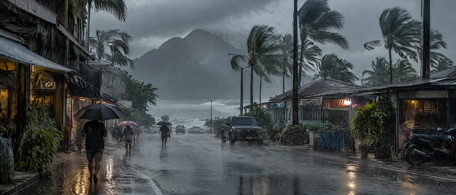 A tropical rainstorm over a Thai coastal town, dark clouds and wet streets, a few people with umbrellas